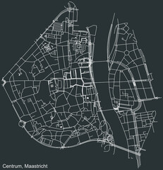Detailed negative navigation white lines urban street roads map of the CENTRUM DISTRICT of the Dutch regional capital city Maastricht, Netherlands on dark gray background