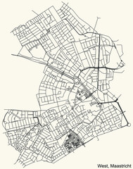 Fototapeta na wymiar Detailed navigation black lines urban street roads map of the WEST DISTRICT of the Dutch regional capital city Maastricht, Netherlands on vintage beige background
