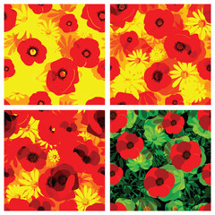 Red poppies and daisies. Stylized spring summer seamless pattern. Vector image. 