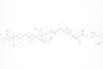 Hexagons pattern on gray background. Genetic research, molecular structure. Chemical engineering. Concept of innovation technology. Used for design healthcare, science and medicine background