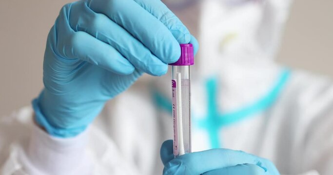 Process of coronavirus PCR antigen testing examination by nurse medic in laboratory lab, COVID-19 swab collection kit, test tube for taking OP NP patient specimen sample, patient receiving test, 4K 
