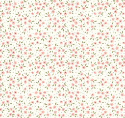 Vintage floral background. Floral pattern with small pastel pink flowers on a white background. Seamless pattern for design and fashion prints. Ditsy style. Stock vector illustration.