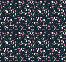 Vintage floral background. Floral pattern with small pink and white flowers on a black background. Seamless pattern for design and fashion prints. Ditsy style. Stock vector illustration.