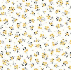 Cute seamless vector floral pattern. Endless print made of small yellow flowers. Summer and spring motifs. White background. Stock vector illustration.
