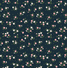 Vector seamless pattern. Pretty pattern in small flowers. Small pink and white flowers.  Dark blue background. Ditsy floral background. The elegant the template for fashion prints. Stock vector.