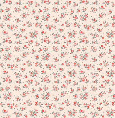 Cute seamless vector floral pattern. Endless print made of small red and pink flowers. Summer and spring motifs. Ivory background. Stock vector illustration.