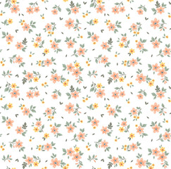 Vintage floral background. Floral pattern with small pastel coral flowers on a white background. Seamless pattern for design and fashion prints. Ditsy style. Stock vector illustration.