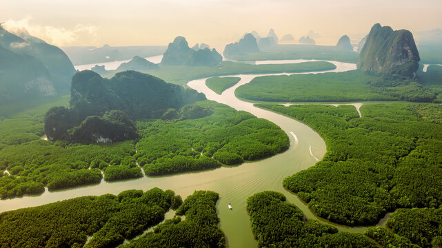 Canal Nai Hgop and Ko Tapu Pier  Islands in Phang nga Bay. Known originally and locally as Ko Tapu or Nail Island Departure from Ao Por Pier to Phang nga Bay on Cruiser Boat. Unseen Thailand.