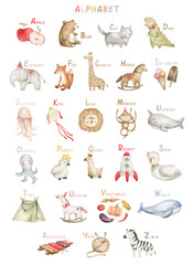 Alphabet poster for children, words, animals. ABC kid poster. Education for baby. Nursery wall art, poster. English preschool alphabet. © Kate K.