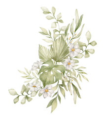 Hand-drawn watercolor bouquet. Botanical green branches, flowers, and leaves. Summer mood. Floral Design elements isolated on white background