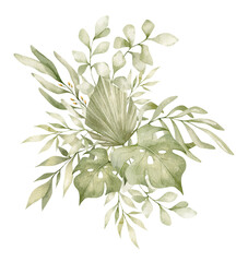 Fototapeta na wymiar Hand-drawn watercolor bouquet. Botanical green branches and leaves. Summer mood. Floral Design elements isolated on white background