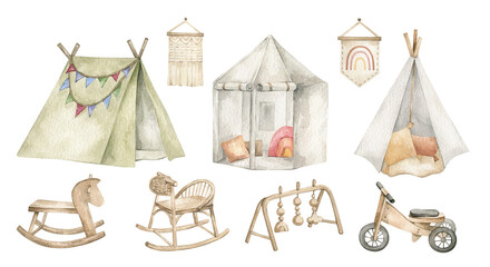 Watercolor baby furniture for the nursery. Tent for playing, rocking horse, baby gym, bicycle. Children's room interior elements - 490113133