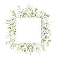 Hand-drawn watercolor botanical frame with green branches, flowers, and leaves. Spring mood. Floral Design elements. Frame for decorations, invitations, cavers, posters