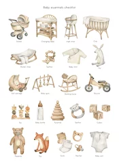 Fototapeten Watercolor essential checklist for nursery decoration. Baby toys, furniture. Crib, changing table, chair, stroller, bicycle, rocking horse.  © Kate K.