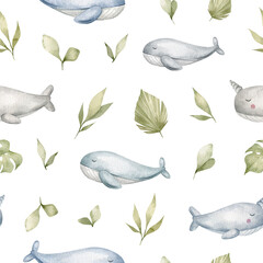 Watercolor seamless pattern with cute whales, narwhals and leaves. Wildlife water animals. Ocean life - 490113143