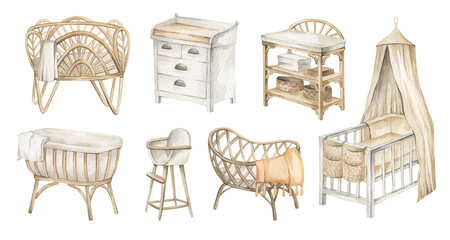 Watercolor baby furniture for the nursery. Cradle, canopy, baby bed, changing table, high chair, crib. Children's room interior - 490113150