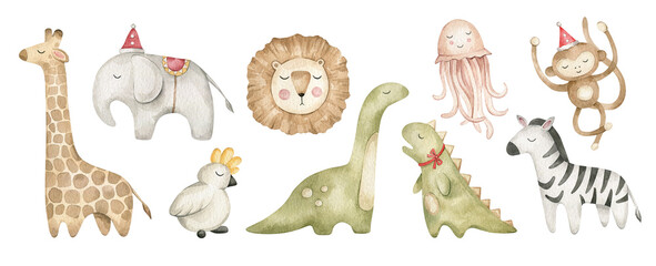 Watercolor cute toys, animals. Giraffe, elephant, parrot, lion, dinosaurs, jellyfish, zebra, monkey.  - 490113155