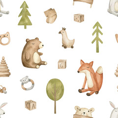 Watercolor seamless pattern with cute forest animals, trees, baby toys. Bear, fox, hare, quack, hat, pyramid, teether, cubes. Kids background for textile, wrapping paper in cartoon style © Kate K.