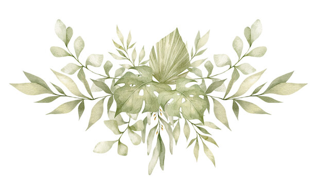 Hand-drawn watercolor bouquet. Botanical green branches and leaves. Summer mood. Floral Design elements isolated on white background
