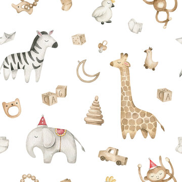 Watercolor seamless pattern with cute safari animals, toys, baby elements. Elephant, giraffe, zebra, monkey, parrot, pyramid, cubes, car. Cute kids playground