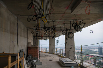 Construction equipment material and tools inside the floor of high rising building, skyscraper....