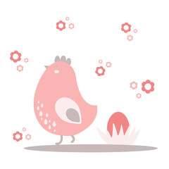 Easter spring kids print. Chicken, eggs, herbs, flower. Vector simple illustration. Pastel colors, pink, gray, farm, Easter, spring day. For fabric, background, cover, paper