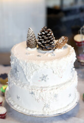 Tarta de fondant blanca con detalles de invierno y navidad