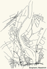 Detailed navigation black lines urban street roads map of the BORGHAREN NEIGHBORHOOD of the Dutch regional capital city Maastricht, Netherlands on vintage beige background