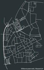 Detailed negative navigation white lines urban street roads map of the WITTEVROUWENVELD NEIGHBORHOOD of the Dutch regional capital city Maastricht, Netherlands on dark gray background