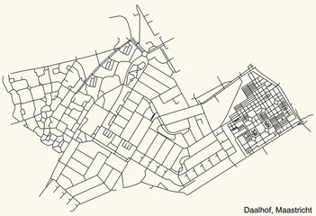 Fototapeta na wymiar Detailed navigation black lines urban street roads map of the DAALHOF NEIGHBORHOOD of the Dutch regional capital city Maastricht, Netherlands on vintage beige background