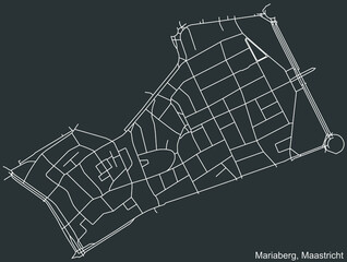 Detailed negative navigation white lines urban street roads map of the MARIABERG NEIGHBORHOOD of the Dutch regional capital city Maastricht, Netherlands on dark gray background