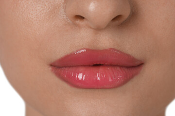 Fototapeta premium Beautiful woman with perfect lips, closeup. Permanent makeup