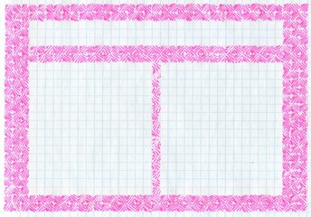 Narrow horizontal pink background, paper for a school notebook, hand-drawn, banner