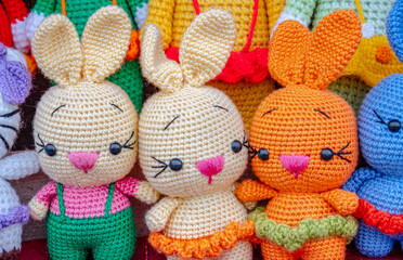 Fototapeta premium various colorfull knitted woven toys in the form of an animals