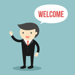 Businessman is saying 'Welcome' with blue background. Vector illustration.