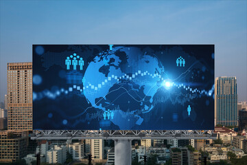 World planet Earth map hologram of social media icons over sunset panoramic cityscape of Bangkok, Southeast Asia. The concept of people connections.