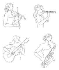 Collection. Silhouette of woman with guitar, violin, saxophone flute in modern continuous line style. Beautiful girl. Aesthetic decor sketches, posters, stickers, logo. Set of vector illustrations. © Nataliia