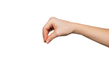 A caucasian female hand makes a gesture like holding something isolated on a white background. Mockup with empty copy space for a hanging object