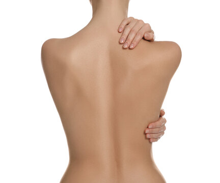 Back view of woman with perfect smooth skin on white background, closeup. Beauty  and body care Stock Photo