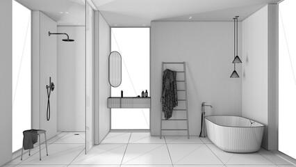 Unfinished project draft, modern minimalist bathroom, freestanding bathtub, washbasin with mirror and accessories, shower, ceramic tiles, pendant lamps, interior design concept
