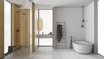 Architect interior designer concept: hand-drawn draft unfinished project that becomes real, bathroom, freestanding bathtub, washbasin, mirror and accessories, shower, ceramic tiles