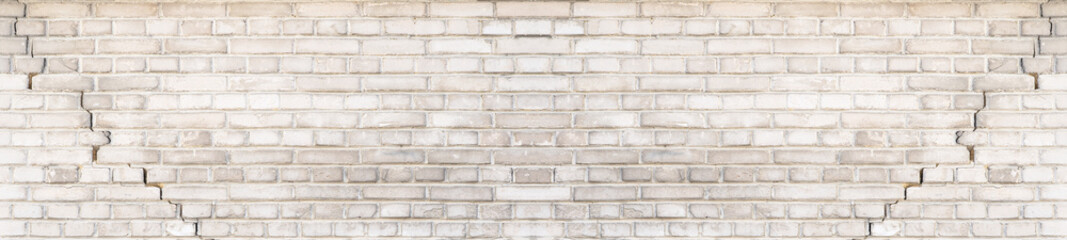 White gray light damaged rustic brick wall brickwork stonework masonry texture background banner panorama pattern template architecture, with cracks