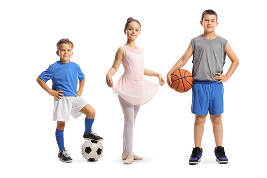 Girl ballerina, a footballer boy and a boy with a basketball