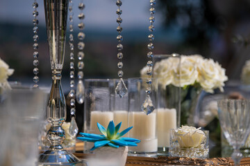 Closeup on details of Gorgeous wedding or birthday party table setting. Banquet. Decoration with crystals, candles, flowers, napkins.