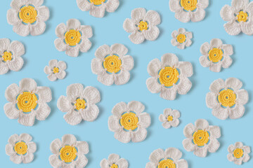 Beautiful white daisies made by hand in crochet and wool. Daisies pattern on blue background. Amigurumi design - obrazy, fototapety, plakaty