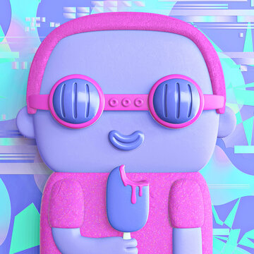  3d  Funny Avatar. Futuristic Cyberchild With Ice Cream. Concept Of Video Games, NFT, VR And Crypto. Metaverse Character