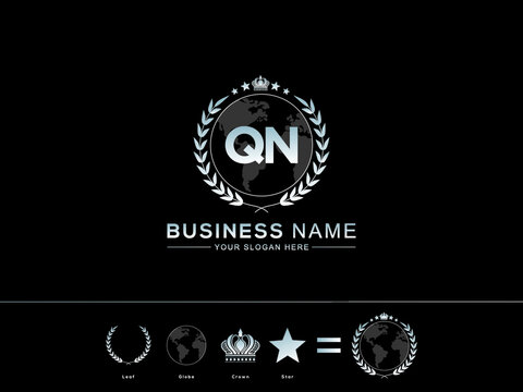 Creative QN Letter logo, Vintage and Monogram qn Log Letter with Creative circle Leaf Globe Royal Crown and Star Design