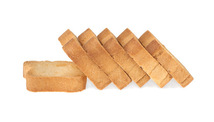 dried bread in small pieces, crackers isolated on white background