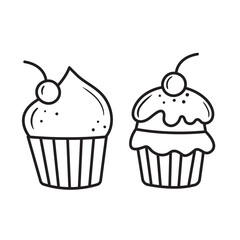 Black outline cupcake icons. Doodle silhouette of pastry desserts. Hand drawn fast food drawing. Vector illustration