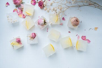 Ice cubes with flowers and lemon inside on a white background. Frozen flowers in ice. Edible...